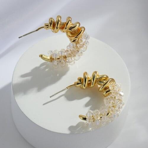 Lifefontier Unusual Geometric Crystal Hoop Earrings For Women Korean Gold Color Metal Circle Earrings Fashion Jewelry 2021