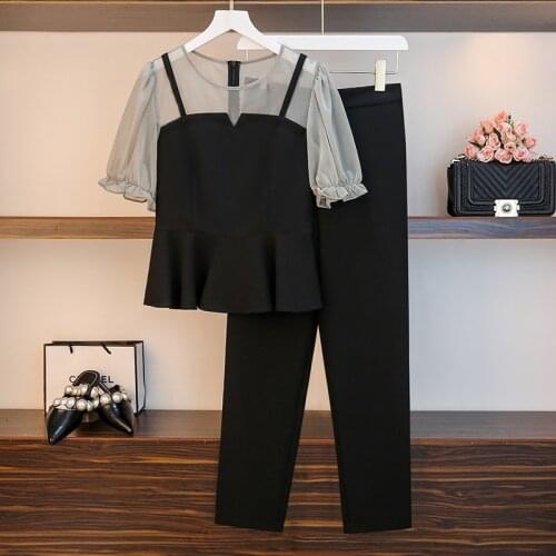 Fashionable plus size women summer suit street wear pullover ruffled blouse and small feet pants cloth office two-piece sets big