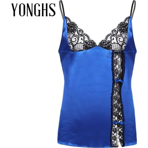 Mens Sissy Smooth Silky Satin Lingerie Adjustable Spaghetti Shoulder Straps Deep V Neck Lace Trim Chemise Babydoll Sleepwear