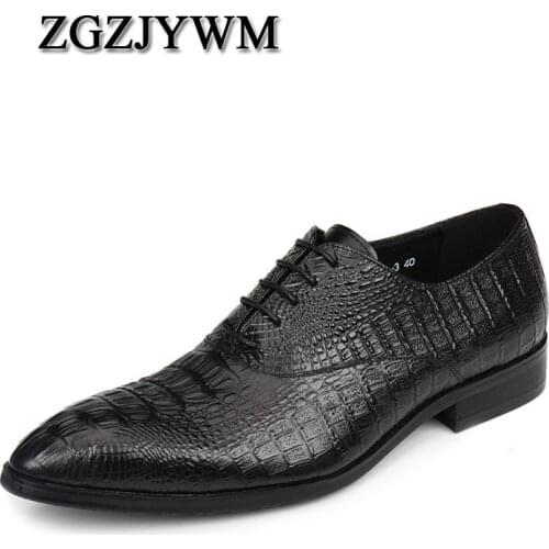ZGZJYWM New Black /Red/Blue Crocodile Pattern Lace-Up Oxfords Pointed Toe Genuine Leather Wedding Mens Business Work Shoes