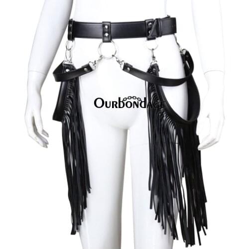 Ourbondage Women PU Leather Harness Belt Sexy Lingerie Fetish Tassels Skirt Wasit Belt with Four Strap For Women Sex Toy