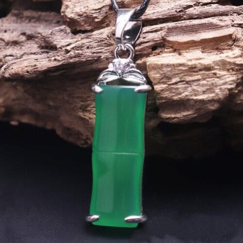 Natural Green Chalcedony Hand Carved Bamboo Pendant Fashion Jewelry Men and Womens Green Agate 925 Silver Inlaid Necklace