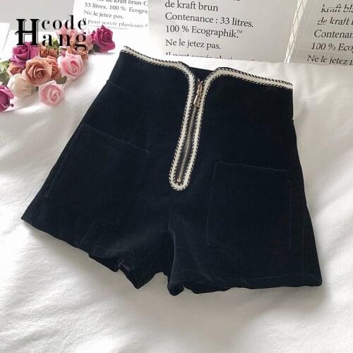 HangCode New Fashion Black Shorts Woman Shorts Autumn Winter High Waist Elegant Pockets Wide Leg Shorts Female Velvet Short Pant