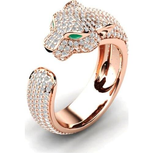 Unisex Leopard Head Full of Crystal Open Aniaml Rings Jewelry Adjustable Hand Accessories