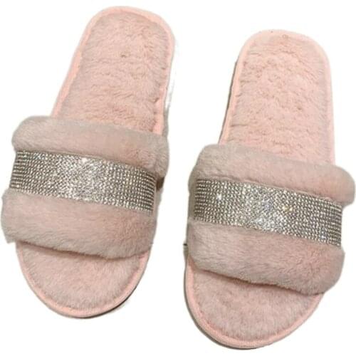 Spring Luxury Rhinestone Women Warm Fur Slippers Cozy Fluffy Furry Slides Crystal Flat Indoor Slides Design Home Shoes Size 43