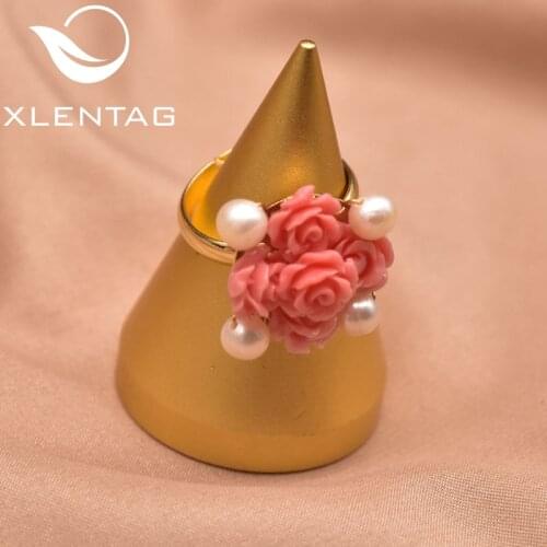 XlentAg New Handmade Natural Freshwater Pearl Coral Flower Ring Women Wedding Party Gift Fashion Fine Jewelry GR0278