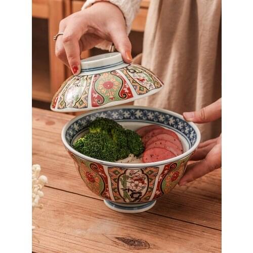Japanese ceramic cover bowl instant noodles rice miso soup bowl ancient ivanli style tureen covered bowl tableware