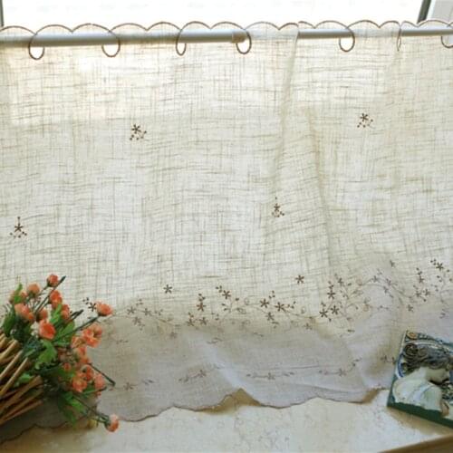 American Country Style Cotton Linen Embroidered Floral Coffee Curtain Semi-shade Kitchen Curtain Home Decorative Short Curtain