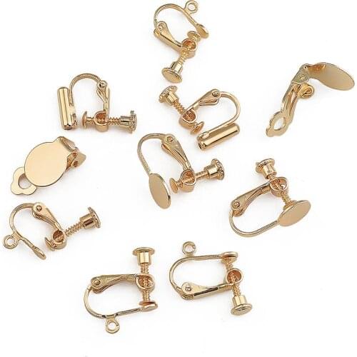 18K Gold Plated 10pcs Screw Ear Clip Earring Settings Rotate Pads Earring Findings Base Blank Bezel For Jewelry Making Supplies