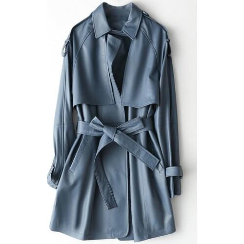 Autumn Mid Long Blue Leather Coat Spring Sheepskin Slim High Quality Fashion Jackets with Sashes Pockets Genuine Leather Outwear