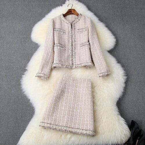 European and American womens clothing 2020 winter new style Long - sleeved beaded coat skirts Tweed fashion suit