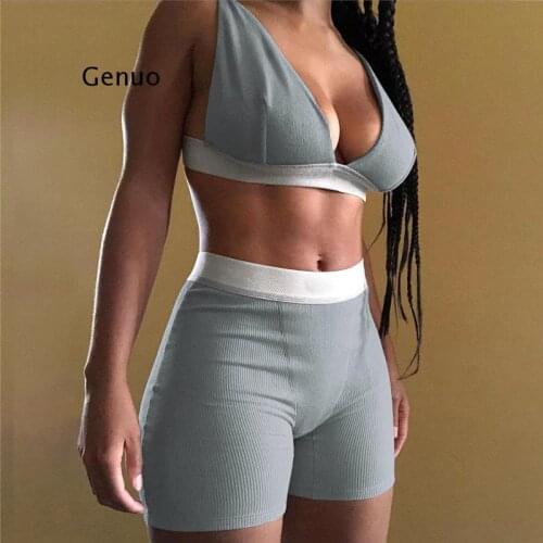 Sleeve V-Neck Sexy Crop Tank Top Biker Shorts 2 Piece Set Autumn Winter Women Fashion Streetwear Tracksuit