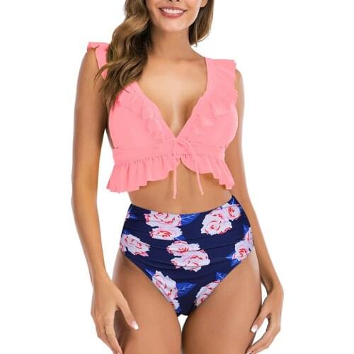Women Sexy Floral Ruffled Hem Bikini Set V-neck High-waisted Two Piece Swimsuit Girl Beach Bathing Suit Swimwear Biquinis