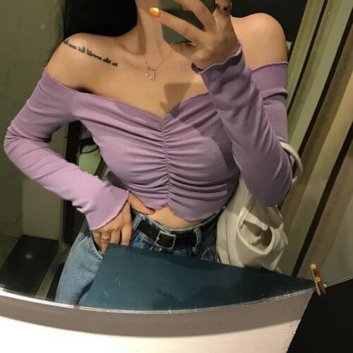 Wenfly Womens Tops New V-Neck Pleated Off Shoulder Ear Edge Length Slim Long Sleeve Short T-shirt Female Clothes Tide