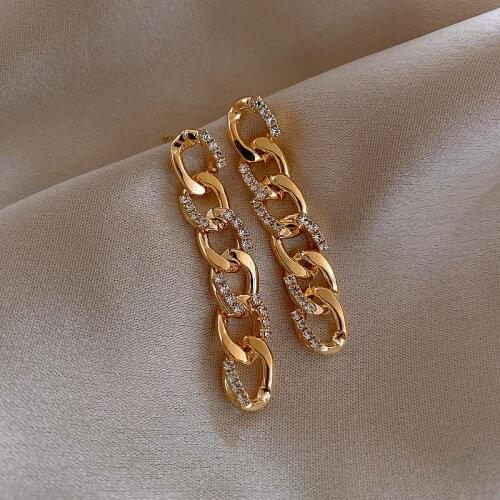 2021 New Metal Geometric Chain Modelling Fashion Drop Earrings Long Contracted Temperament Sweet Crystal Women Earrings Trend