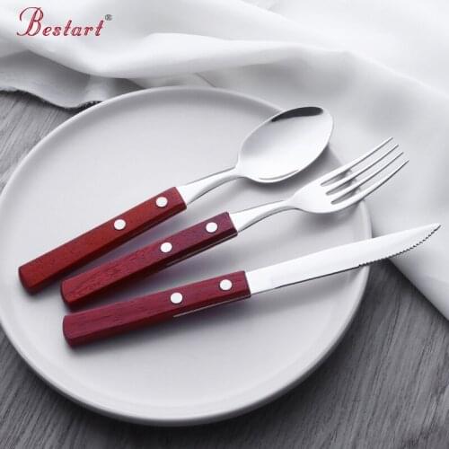 3 Pcs/Set Wooden Dinnerware Handle Vintage Cutlery Stainless Steel Wood Knife Fork Spoon Outdoor Travel Flatware Set