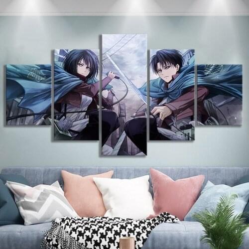 5 Pieces Attack On Titan Levi Ackerman and Mikasa Anime Canvas Wall Art Posters Hd Print Pictures Oil Paintings Home Decor