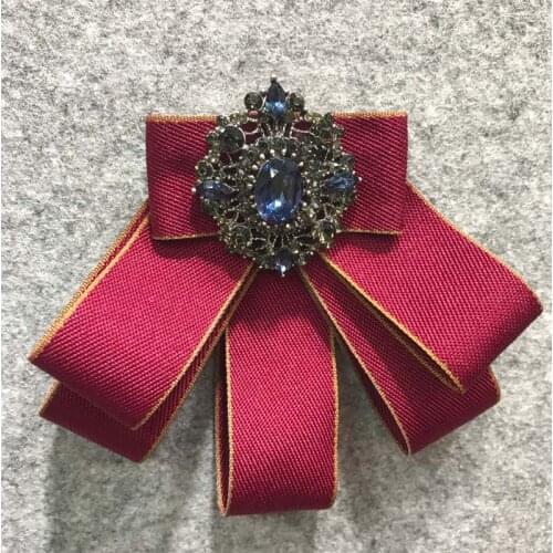 5Pcs Rose Red Tie Bow Brooch Fabric Crystal Flower Pins And Brooches Accessories Ladie Bowtie Broaches Pin Badge For Women Men