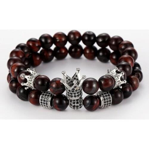 8mm 2PCS/Set sgc2 elastic adjusted nature red Tigereye bead micro pave cz zircon cubic zirconia Macrame Charm Crown Bracelet