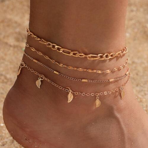 New Fashion Simple Leaf Tassel Anklet 4-Piece Multi-Layer Chain Anklet For Women Jewelry Ankle Bracelets