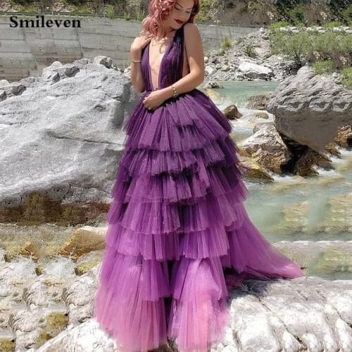 Smileven Gradient Long Prom Dresses Sexy V Neck Crumpled Tulle Evening Dresses Elegant Tiered A-Line Party Dresses Evening Gowns