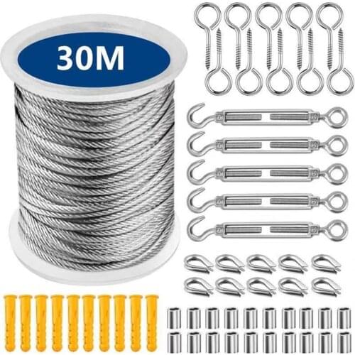 15/25/30 Meter Steel PVC Coated Flexible Wire Rope Soft Cable Stainless Steel Clothesline Diameter 2mm Kit