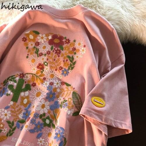 Hikigawa 2021 Fashion Tops for Women Graphic T Shirts Flowers Embroidery Loose T-shirts Harajuku Short Sleeve Female Tshirts