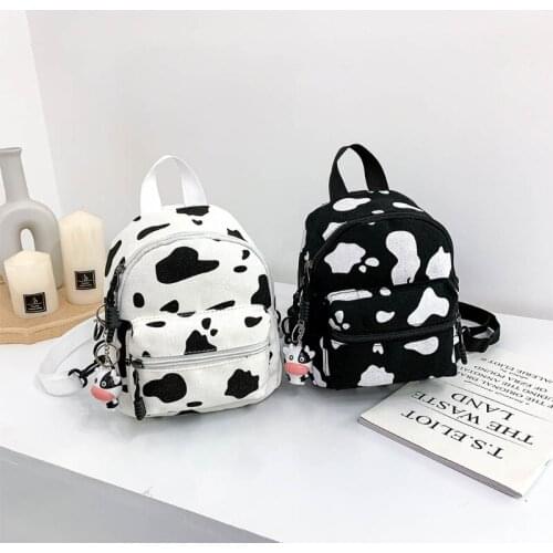 Mini Canvas Daypack with Plush Pendant Cow Print Backpack for Women Lady Girls Outdoor Travel Shopping Shoulder Bag Bookbag