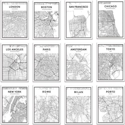 Black and White World City Map New York Tokyo Paris Canvas Wall Art Poster Prints Minimalist Paintings Picture for Living Room