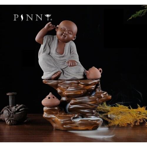 PINNY Young Monk Incense Burner Ceramic Smoke Backflow Incense Holder Buddhist Supplies Buddha Incense Burner Free Shipping
