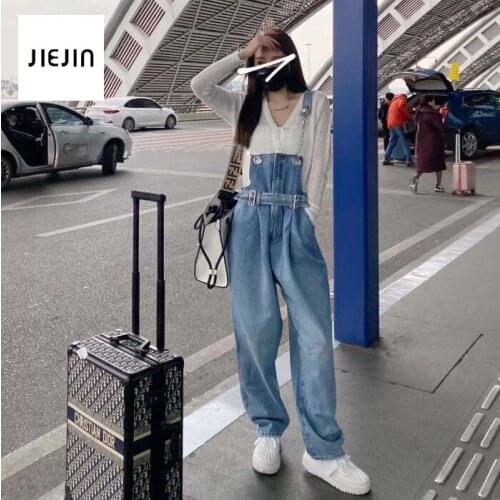 Korea High Waist Overalls Jeans Woman Bib Full Length Blue Loose Causal Vintage Jumpsuit Hot Suspender for Teen Girls