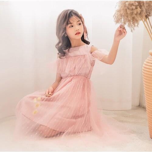Fairy Girls Mesh Dress Summer 2020 New Style Kids Dresses Children Clothes Girls Patchwork Lotus Sleeve Shoulder-off Girls Dress