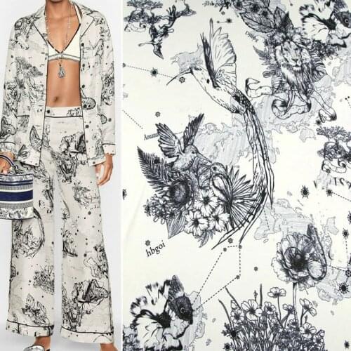 Fashion World Map Bird Flower Printed Imitate Silk Satin Fabric For Woman Dress Pajamas Wide Leg Pants DIY Cloth Sewing