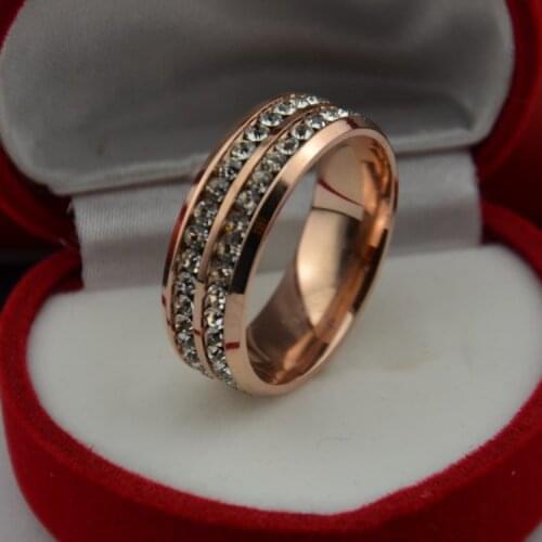 Never Fade 2 Row Lines Crystal Rose Gold Colour 316l Stainless Steel Ring Titanium Steel Engagement Wedding Ring