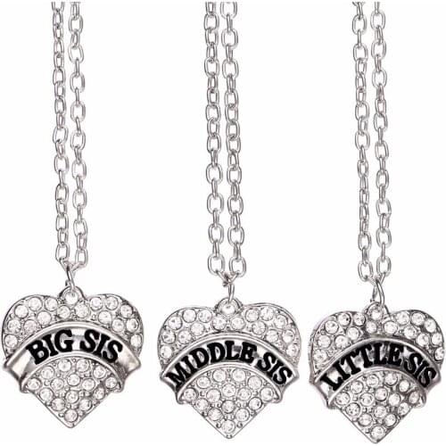 3PC/Set Crystal Heart Big Mid Lit Sis Necklace Women Big Sister Middle Sister Little Sister Pendant Family BFF Friends Necklaces