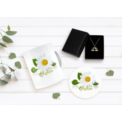 Personalized Daisy Themed Mug Coaster and Double Letter Cloud Necklace Set-4