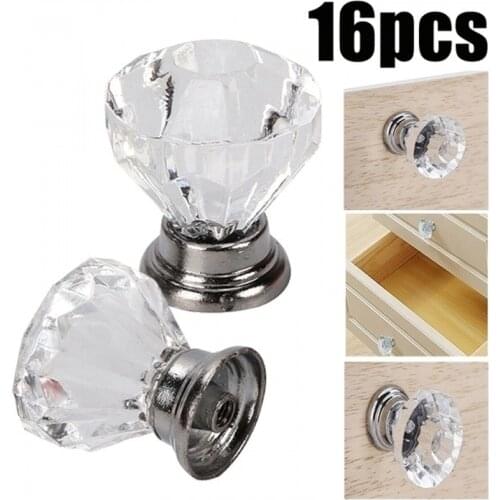 16pcs 30mm Diamond Crystal Glass Door Knobs Drawer Cabinet Furniture Handle Kit Kitchen Cabinet Door Wardrobe Handles Hardware