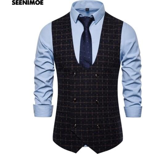 SEENIMOE Mens Casual Waistcoat Striped Plaid Formal Blazer Vests M-3XL Double Breasted Wedding Suit Vest