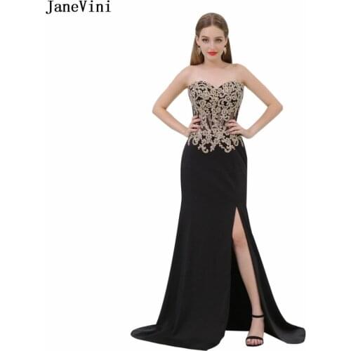 JaneVini Sexy Black Long Bridesmaid Dresses Sweetheart Gold Lace Appliques Beaded Satin Mermaid Formal Prom Gowns Sweep Train