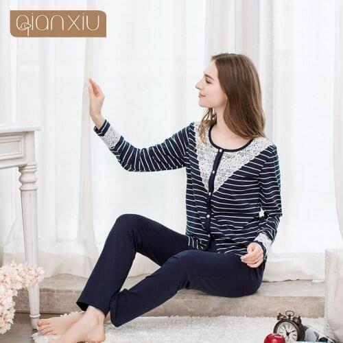 Spring Autumn Homewear Female striped Pajama sets Ladies Cotton Sleepwear suit Women Long Sleeve O-neck Collar shirt & Pants