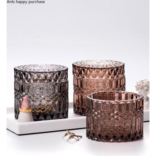 Vintage Embossed Glass Jewelry Box Small Objects Candy Storage Jar Makeup Brush Storage Box Dressing Cabinet Desktop Home Decor