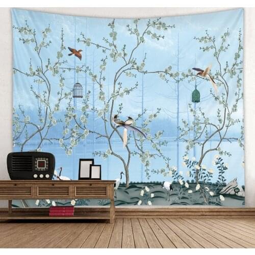 Blue flower and bird digital printing tapestry background hanging cloth factory direct sales can be customized size