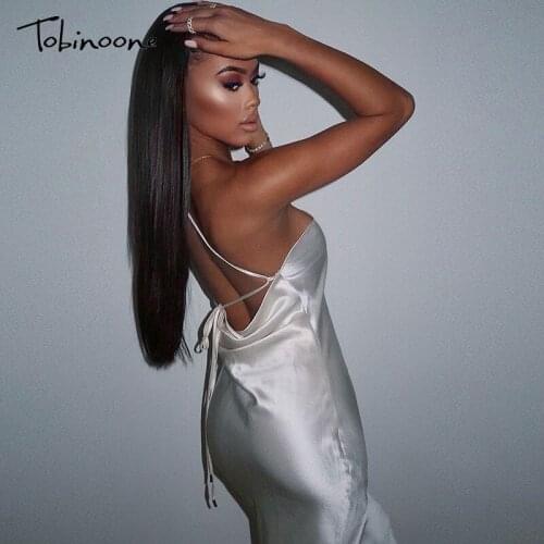 Tobinoone Spaghetti Strap Cross Backless Satin Dress Off Shoulder White Party Elegant Club Dresses FemaleAutumn Bodycon Dress