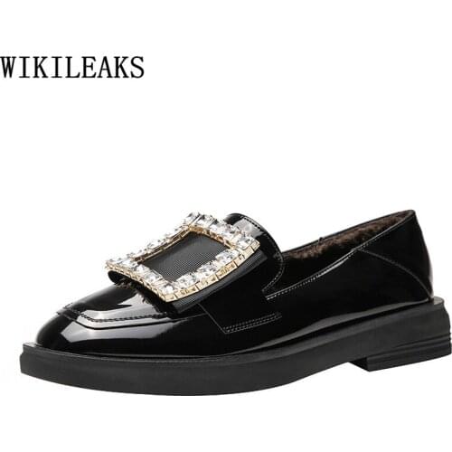 Crystal Low Heels Slip on Shoes for Women Patent Leather Loafers Women Block Heels Oxford Shoes for Women Leather Casual Shoes