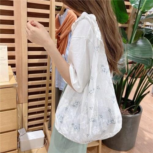 Women Soft cotton Fabric Shoulder Bag Simple flower Handbag Tote Embroidery Shopping Bag Chest bag Cute Book Bags For Girls
