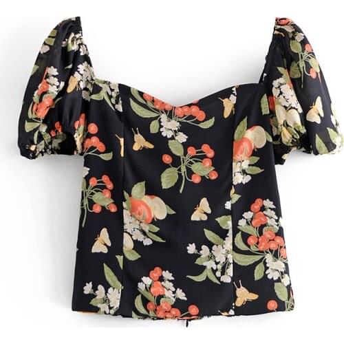 Evfer Women Vintage Square Collar Flower Print Black Sprint New Blouse Chic Lady Short Sleeve Elegant Back Zipper Elastic Tops