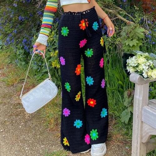 See Through Flared Leg Pants Women High Waist 2021 Summer Boho Sheer Flower Crochet Beach Holiday Long Pants Trousers