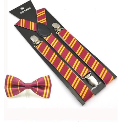 Women Men Yellow Striped Burgundy Design Suspender For Trousers Pants Bow Tie Set Y-Back Office Casual Cravat Necktie Set Gift