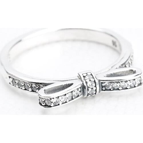 925 Sterling Silver Lovely Bow Knot with shine Clear CZ Finger Ring for Women Fashion Jewelry Gift