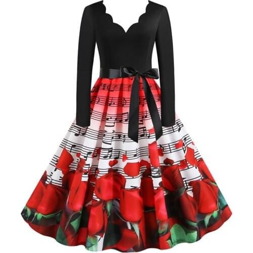 S~3XL Sexy Black Party Dress Winter Vintage Rockabilly Dress Print V-neck Women Long Sleeve Valentines Day Plus Size Music Note